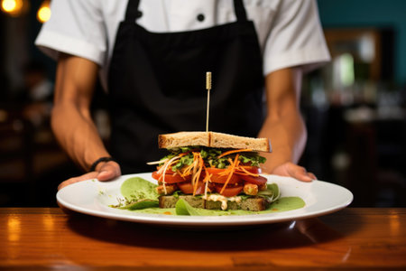 waiter serving a tempeh sandwich on a diner tableの素材