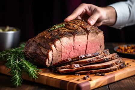 vertical shot of a hand serving beef brisket slicesの素材
