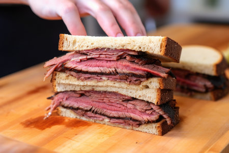 slices of brisket being layered onto a sandwichの素材