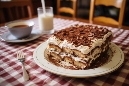 tiramisu cake on a family dining table while theyre eatingの素材