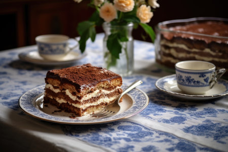 tiramisu cake on a family dining table while theyre eatingの素材