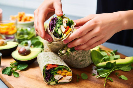 hands preparing a turkey and avocado wrapの素材