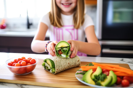 girl spreading avocado on a turkey wrapの素材