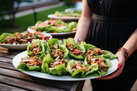 savoring turkey lettuce wraps at a patio partyの素材