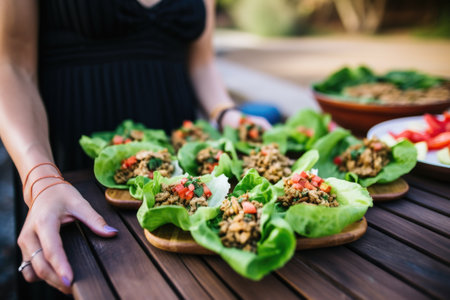 savoring turkey lettuce wraps at a patio partyの素材