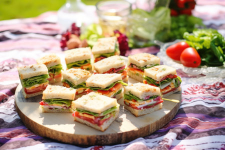 plate filled with mini vegan sandwiches on a picnic checkered tableclothの素材