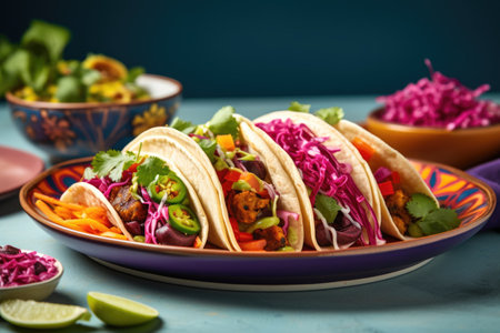 vegan tacos displayed on a colourful plateの素材