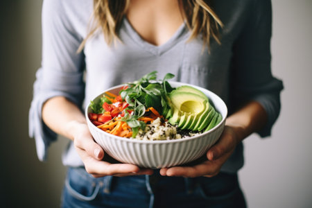 woman showing off her homemade veggie burrito bowlの素材