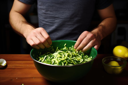 man seasoning a bowl of zoodlesの素材