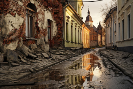 cracked walls and fallen bricks in an old town streetの素材