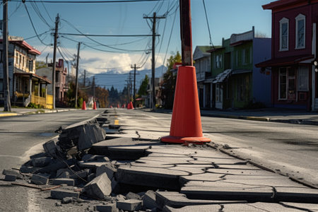 cracked road with fallen traffic sign post-quakeの素材