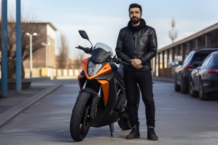 man standing with his new electric motorcycleの素材