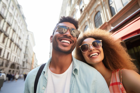 couple taking a selfie on a city tourの素材