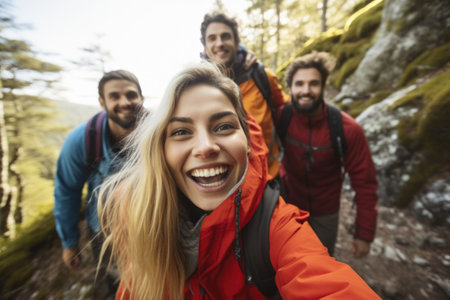 group of friends on an adventurous hiking tripの素材