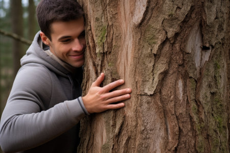 individual hugging a large tree, showing connection with natureの素材