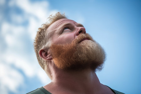 man looks up to the sky, signifying hope and trustの素材