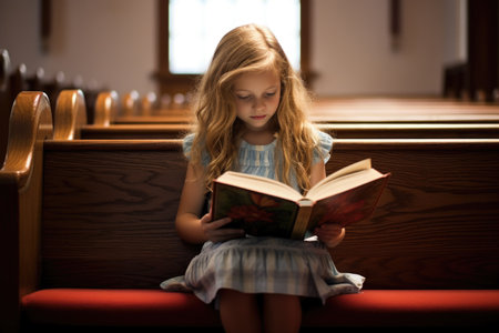 girl in church pew reading a bibleの素材