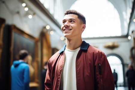 young man on a guided tour in a museumの素材