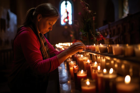 person lighting candles at the church altarの素材