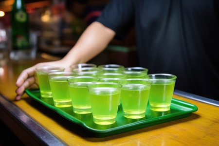 bartender serving a tray full of aloe vera juice glassesの素材