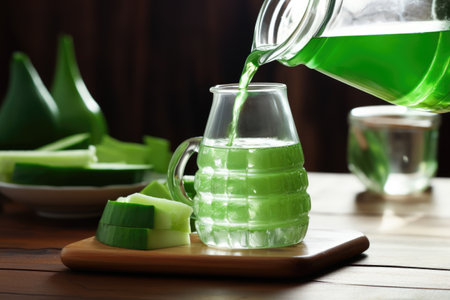 individual pouring aloe vera juice from a jugの素材