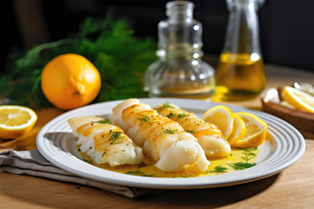 a plate filled with baked cod and lemon wedges on a diners tableの素材