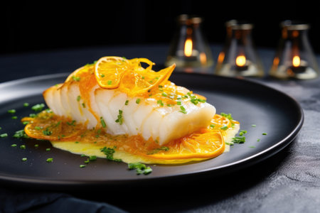 a side view of a beautifully plated baked cod dish with lemonの素材