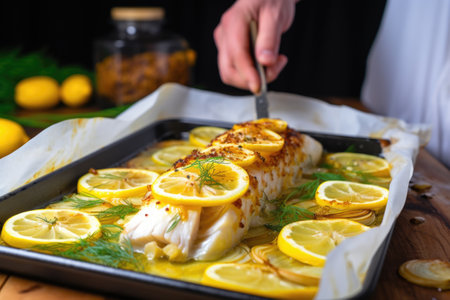 a person into a piece of baked cod with lemon slicesの素材