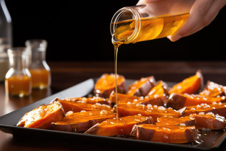 person drizzling honey over baked sweet potatoesの素材