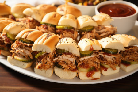 composition of several barbecue sandwiches on a platterの素材