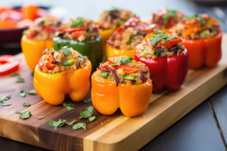 bbq stuffed bell peppers displayed on a wooden boardの素材