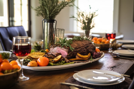 dinner table set with beef roast and rosemary centerpieceの素材