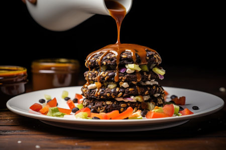 young adult drizzling sauce over a black bean burgerの素材