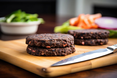 black bean burger on a board with a chef sharpening knives in the backgroundの素材