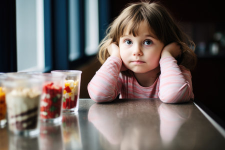 child anxiously waiting for her parfait to setの素材