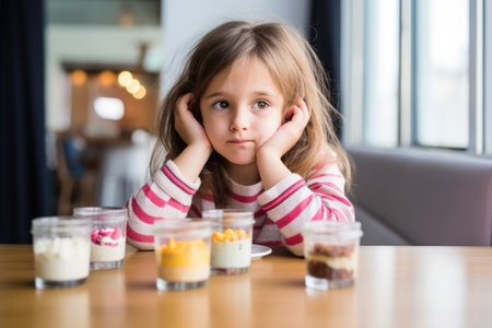 child anxiously waiting for her parfait to setの素材