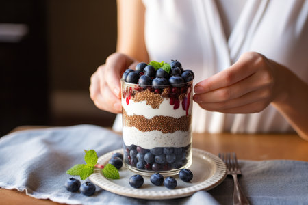 lady garnishing chia seeds parfait with fresh blueberriesの素材
