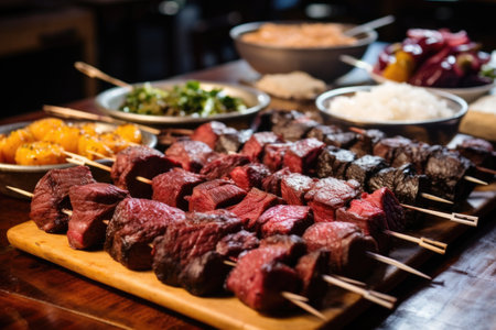 individual skewering different meats for brazilian bbqの素材