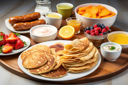 breakfast spread with pancakes, sausage, and eggsの素材