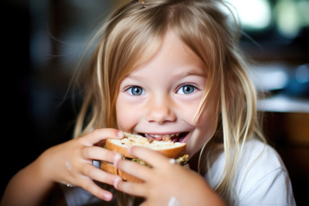 girl with pigtails munching on a peanut butter sandwichの素材