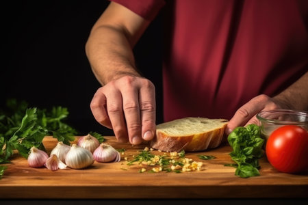 man smearing garlic on a bruschetta sliceの素材