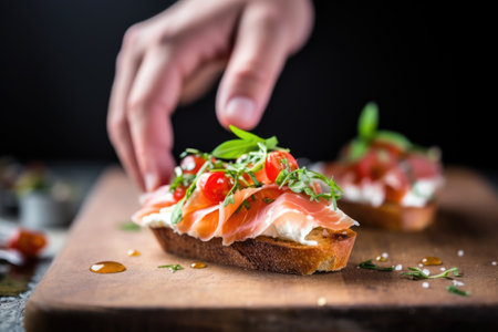 a hand holding a piece of bruschetta with mozzarellaの素材