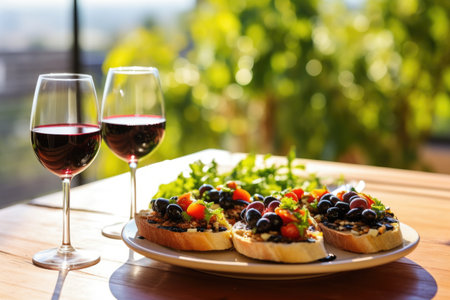 fresh bruschetta with olives being served on a summer patioの素材