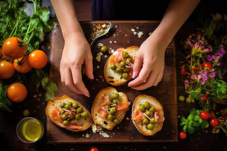 hands of a woman garnishing bruschetta with green olivesの素材