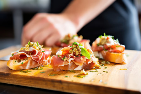 fresh made prosciutto bruschetta in hand taken off kitchen benchの素材