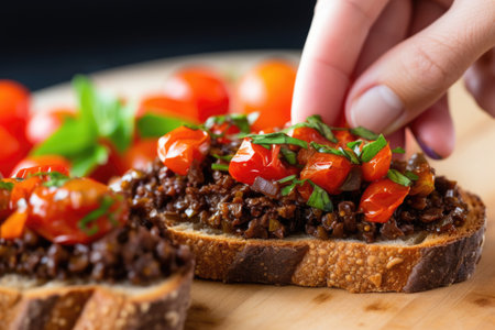 placing a slice of tomato on top of the tapenade on bruschetta with fingersの素材