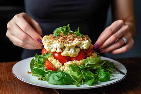 woman layering a piece of cauliflower steak in a saladの素材