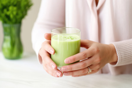 hands holding a glass of frothy celery juiceの素材