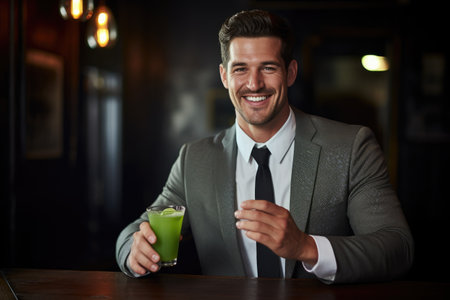 smiling gentleman showing off a glass of celery juiceの素材