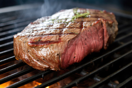 perfect grill marks on steak checked for donenessの素材